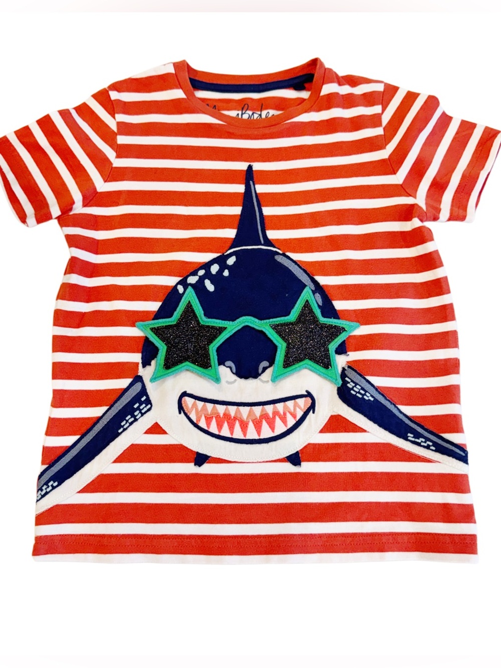 Mini Boden Stripe Shark Star Sunglasses Appliqué Tee